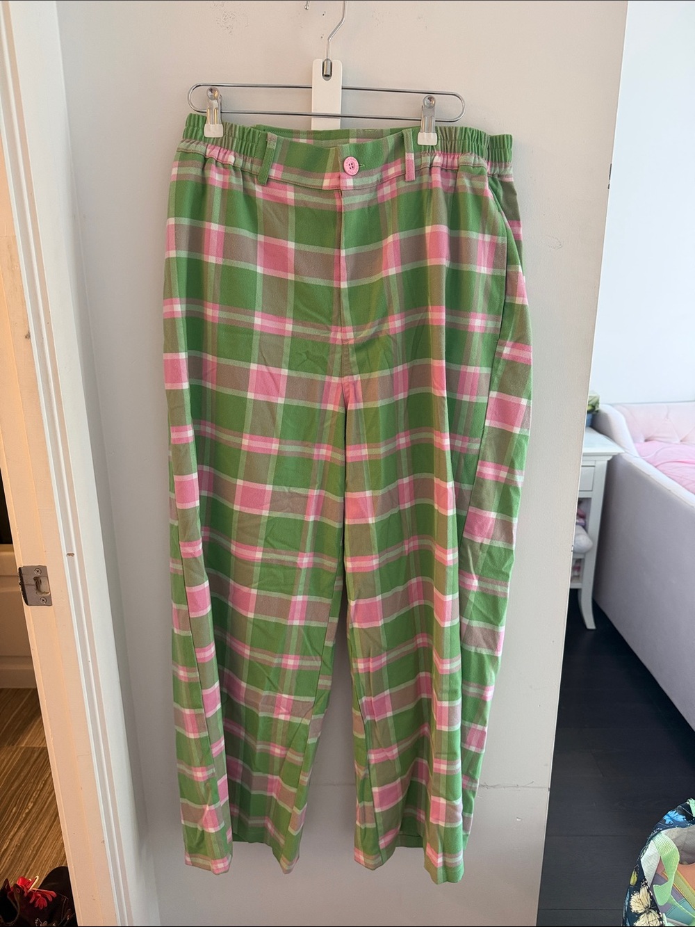 Green & Pink Plaid Relaxed Pants